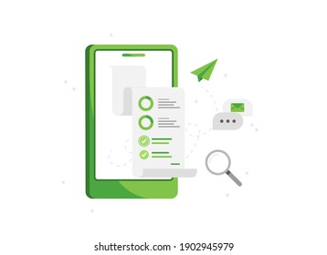 Vector illustration of a phone with a sales analytics application. Analysis of a survey. Details of transactions. Business icon. Mobile app. Green. Eps 10