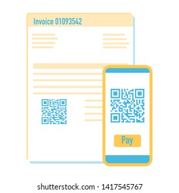 Vector illustration with phone scan qr code for payment invoice. Electronic, digital technology, barcode. Design for web page, banner, presentation, social media, poster, print. Flat style.