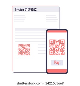 Vector illustration with phone scan qr code for payment invoice. Electronic, digital technology, barcode. Design for web page, banner, presentation, social media, poster, print. Flat style.