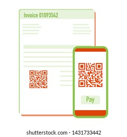 Vector illustration with phone scan qr code for payment invoice. Electronic, digital technology, barcode. Design for web page, banner, presentation, social media, poster, print. Flat style.