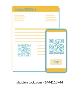 Vector illustration with phone scan qr code for payment invoice. Electronic, digital technology, barcode. Design for web page, banner, presentation, social media, poster, print. Flat style.