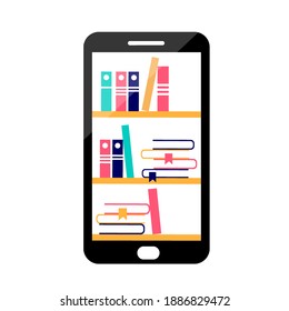 Vector illustration of a phone with shelves of books on the screen. Design for the application, online education or library.