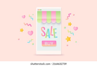 Vector illustration of phone for shopping online on website or mobile application. 3D Concept digital marketing. Vector illustration of on line shop sale in realistic style.