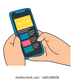 Vector illustration of phone signed to play in the hands. Isolated on white background