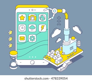 Vector illustration of phone and three dimensional mechanism with robotic hand on blue background. Apps coding, programming, engineering. 3d thin line art style design