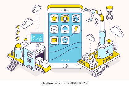 Vector illustration of phone and three dimensional mechanism with conveyor and robotic hand on light background. Apps coding, programming, engineering. 3d thin line art style design