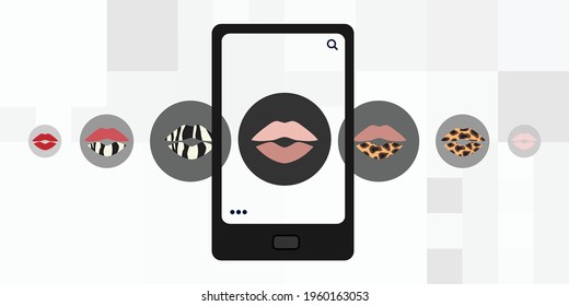 Vector Illustration Of Phone And Variations Of Lips Makeup For Cosmetic Virtual Try On App