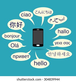 Vector illustration of phone with various languanges on talk balloons.