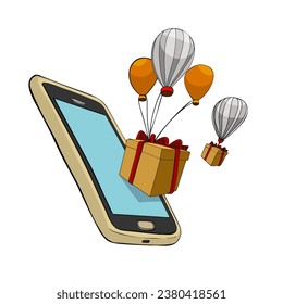 Ilustración vectorial de un teléfono desde el que vuelan globos con regalos. Ilustración creativa. En blanco para diseñador, impresión, logotipo, etiqueta