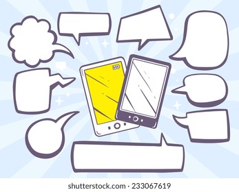Vector illustration of phones with speech comics bubbles on blue background. Line art design for web, site, advertising, banner, poster, board and print.