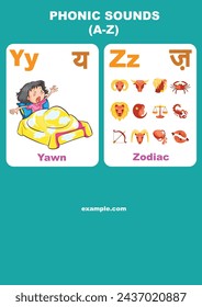 Vector illustration phonic sounds chart editable study material for kids in Hindi and english font