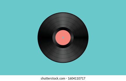 Vector illustration of a phonograph or gramophone vinyl record with modulated spiral groove and a salmon colored empty label. The disc is isolated on a teal background.