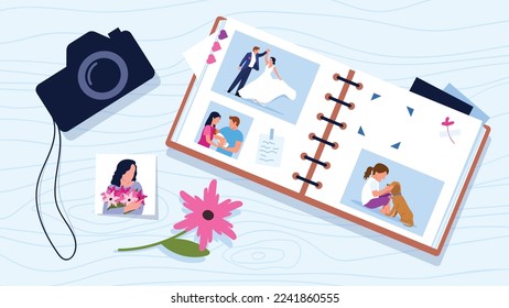 Vector illustration of photo album. Cartoon picture with photo album with different photos like wedding, children's, with flowers and camera on the side lie on a wooden background.