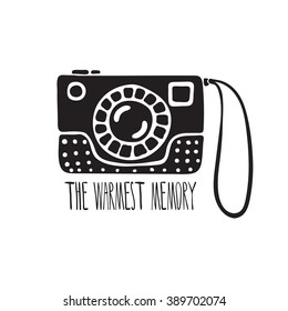 Vector illustration with photo camera on white background with hand written lettering The warmest memory.