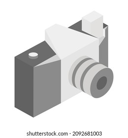 A vector illustration of a photo camera side view isolated on transparent background. Designed in grey colors for web concepts 