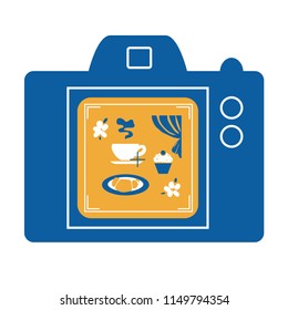 Vector illustration of photo camera taking picture of coffee table stilllife. Food photography concept.
