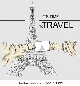 Vector illustration a photo frame in hands of the person. The person holds photo of Eiffel Tower in hand.