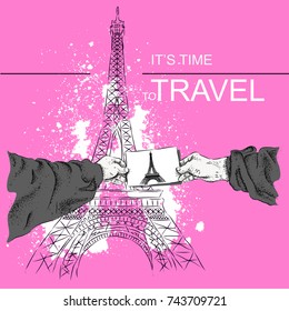Vector illustration a photo frame in hands of the person. The person holds photo of Eiffel Tower in hand.