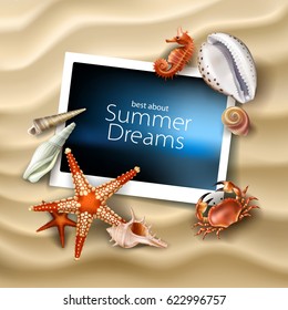 Vector illustration of photo frame lying on a background of sea sandy beach with seashells, pebbles, starfish and crab. An excellent advertising poster for a travel agency