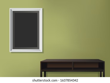 Vector illustration of photo frame on green wall with empty table as decoration