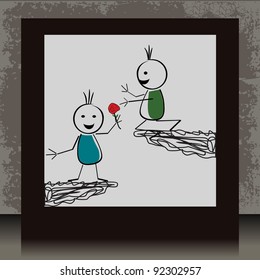 Vector illustration of a photo frame with two cute doodles in love on grungy background for Valentines Day and other occasions.