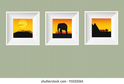 Vector illustration of photo frames on wall with africa pictures