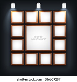 Vector illustration. Photo picture frame with black background and light lamp. Creative clean photo picture frame for photo, text, advertising, poster, leaflet, banner, web and flyer. Brown color.