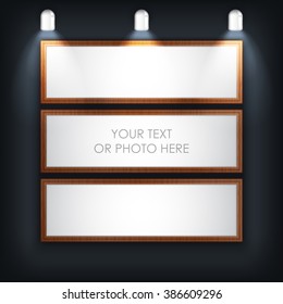 Vector illustration. Photo picture frame with black background and light lamp. Creative clean photo picture frame for photo, text, advertising, poster, leaflet, banner, web and flyer. Brown color.