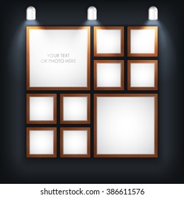 Vector illustration. Photo picture frame with black background and light lamp. Creative clean photo picture frame for photo, text, advertising, poster, leaflet, banner, web and flyer. Brown color.