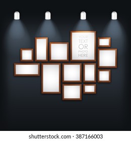 Vector illustration. Photo picture frame with black background and light lamp. Creative clean photo picture frame for photo, text, advertising, poster, leaflet, banner, web and flyer. Brown color.
