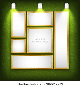Vector illustration. Photo picture frame with green summer pattern and light lamp. Creative clean photo picture frame for photo, text, advertising, poster, leaflet, banner, web and flyer. Green color.