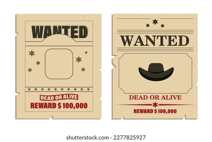 Vector illustration, photo poster, wanted man dead or alive. Western poster, runaway bandit, wanted cowboy. A bounty notice for the robber, printed on parchment.