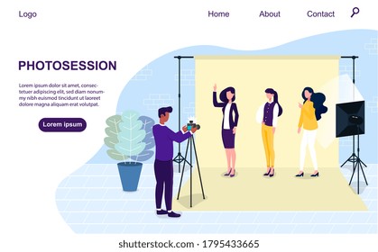 Vector illustration of photo session. Professional photographer taking photos of three girls in photo studio