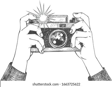 Vector illustration of photo shot making process. Human hands holding vintage photo camera. Flashlight moment. Vintage hand drawn style.
