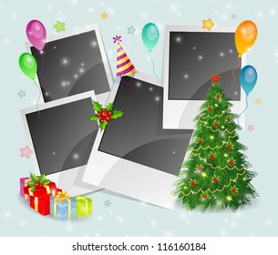 Vector illustration of Photo xmas back with tree and box