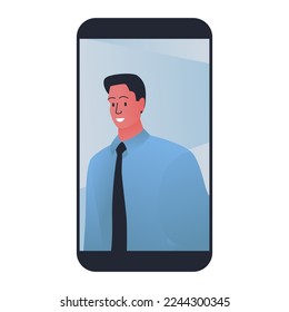 Ilustración vectorial con una foto de un joven en un smartphone. Selfie de un hombre sonriente con corbata y camisa azul. Ilustración plana de un smartphone con una foto de un trabajador de oficina feliz.