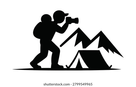 Vector illustration of a photographer camping in the mountains, capturing nature's beauty.