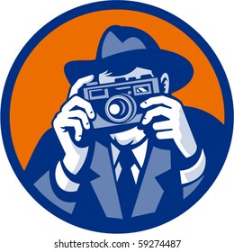 vector illustration of a Photographer with fedora hat aiming retro slr camera done in retro style