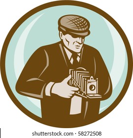 vector illustration of a Photographer with hat aiming retro vintage camera done in retro style