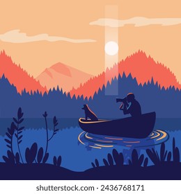 Vector illustration of a photographer and his dog on sunset lake