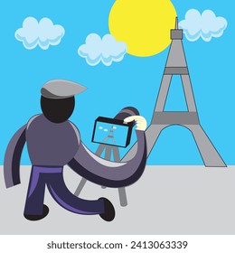 Vector illustration of a photographer photographing the Eiffel Tower. Paris, tourist attraction, digital camera, blue sky with white clouds, sun. Abstract illustration, photographer, viewpoint, tower.