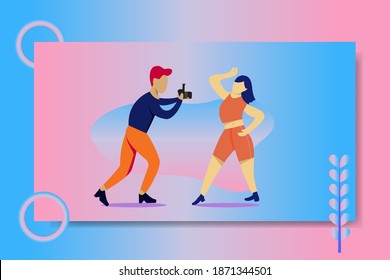 Vector illustration, A photographer is shooting with the model, modern flat people character 