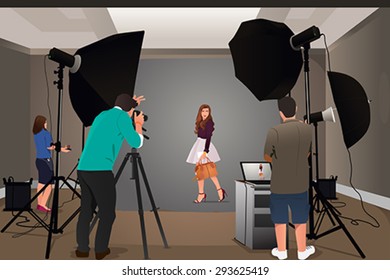 A vector illustration of photographer shooting model in studio