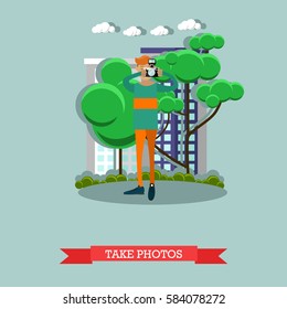 Vector illustration of photographer taking photo in the street. Camera operator, correspondent, paparazzi character in flat design.