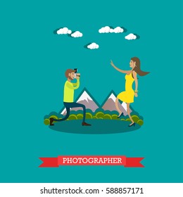 Vector illustration of photographer taking photo of young woman. Camera operator, correspondent character in flat design.
