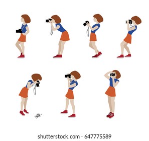 Vector Illustration of photographer taking a photo using camera. Flat illustration of young female character standing full length and shooting. Character set.