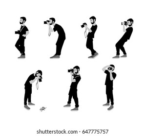 Vector Illustration of photographer taking a photo using camera. Flat illustration of young male character standing full length and shooting. Character set.