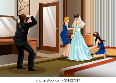 A vector illustration of a photographer taking picture of a bride wearing her wedding gown