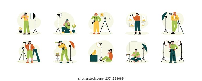 Vector illustration of photographer in various positions inside a private photo studio, lighting and interior support for the property.