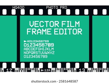 Vector illustration of photographic analog film border with editable fonts